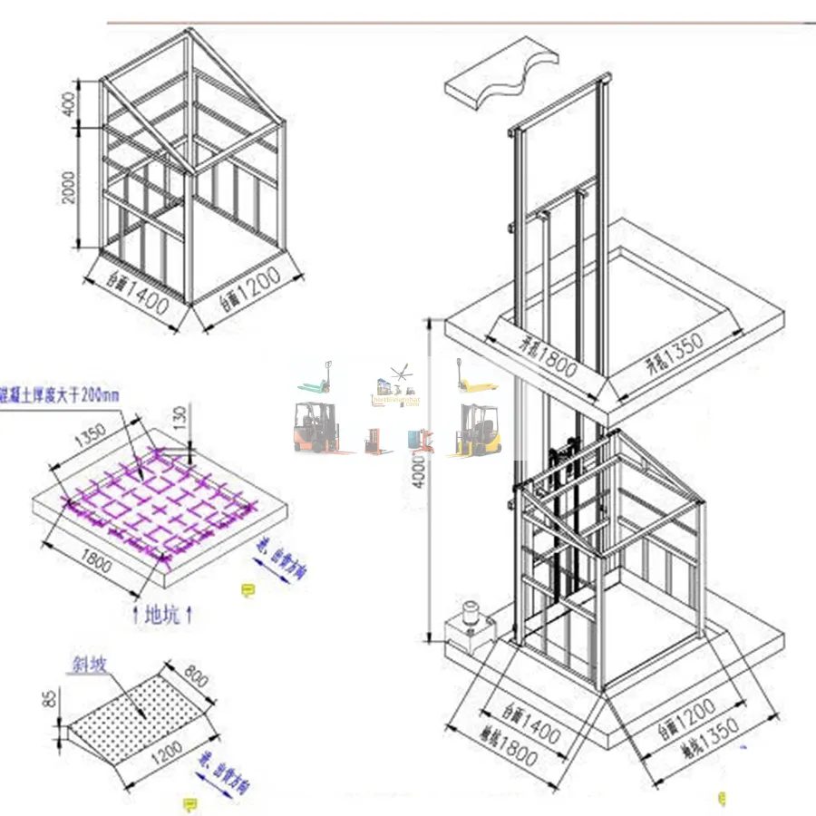 Chiều cao nâng và kích thước sàn cho tải trọng 2.5 tấn